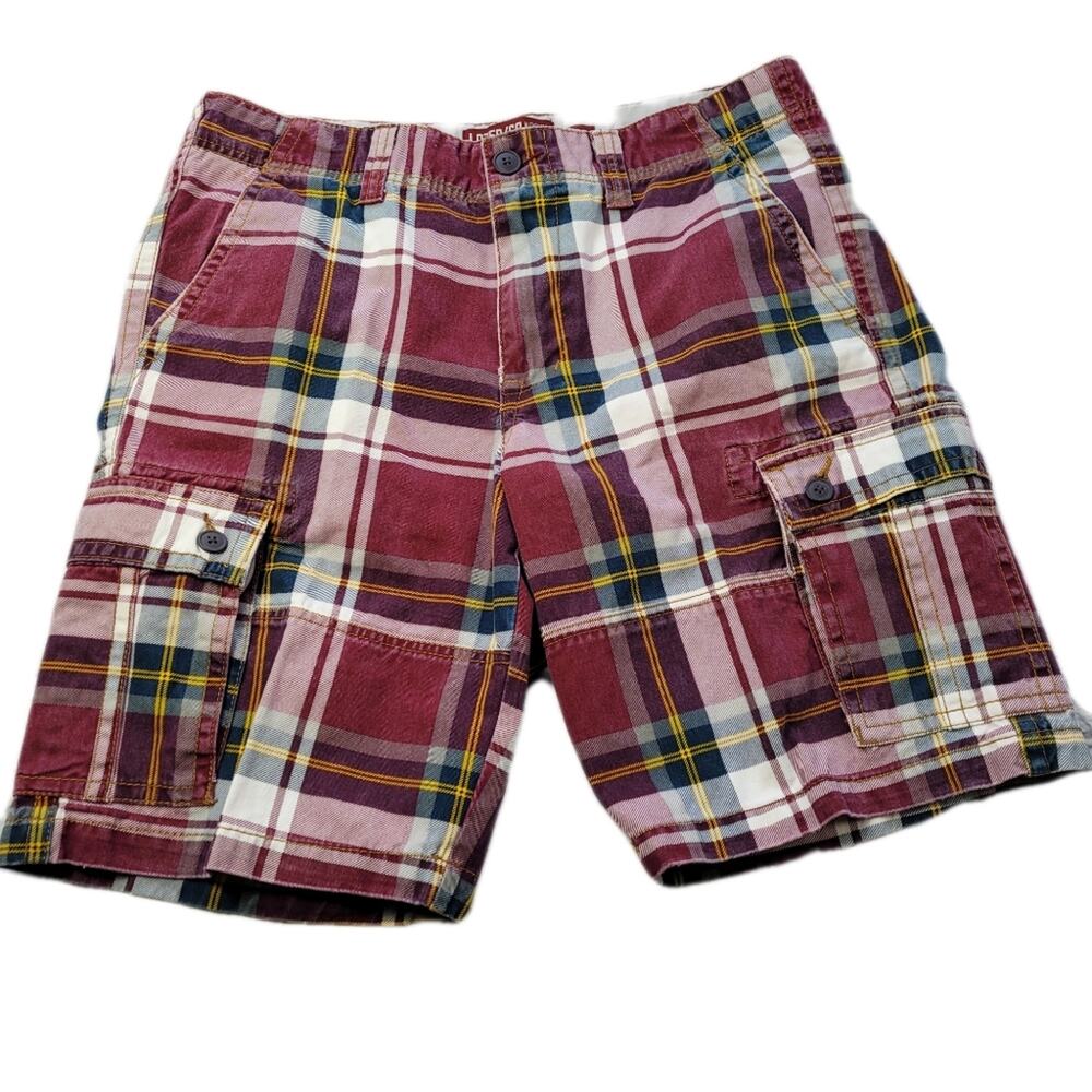 Lazer/Co Utility Work Wear Red Plaid Cargo Shorts no belt size 34